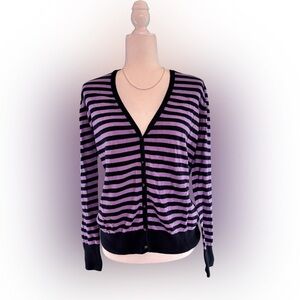 Old Navy Class V-Neck Front Button Up Purple and Black Striped Cardigan Size L